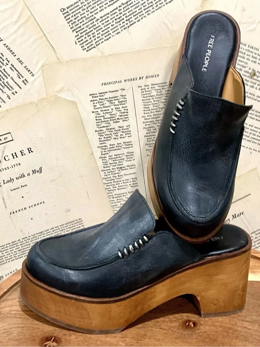 Free People Stitch Time On Platform Mule Clog Black Leather Sample